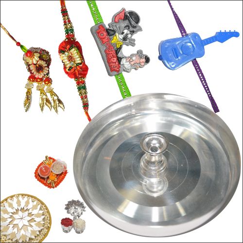 Silver Puja Thali with Sweets & 4 Rakhi Set 02